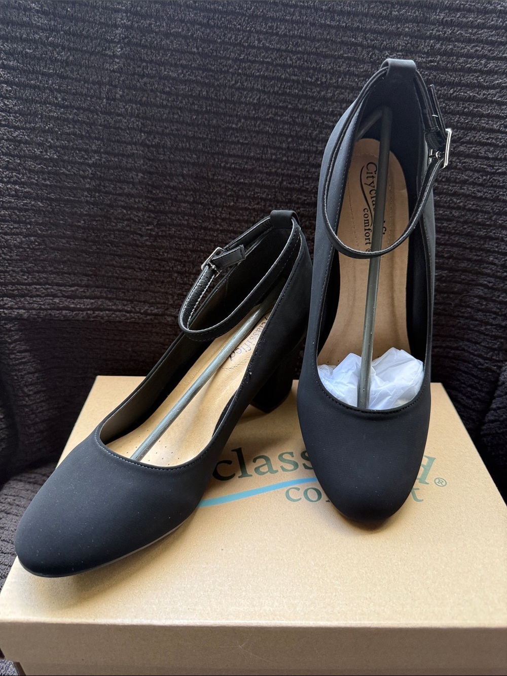 Clarks Black Ankle-Strap Round-Toe Block Heels
